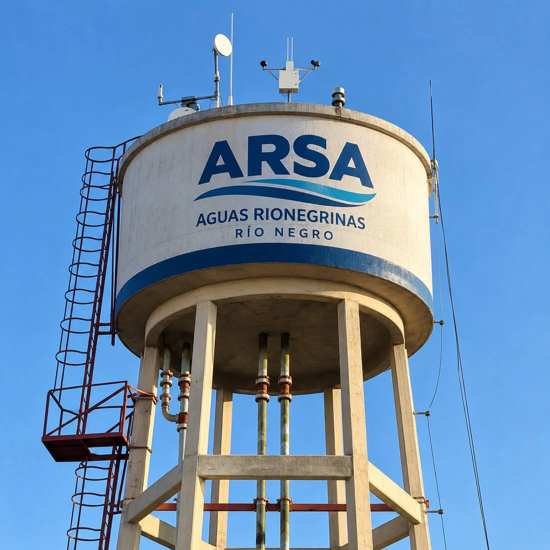 Tanque elevado de agua con antena y sensores instalados en la parte superior