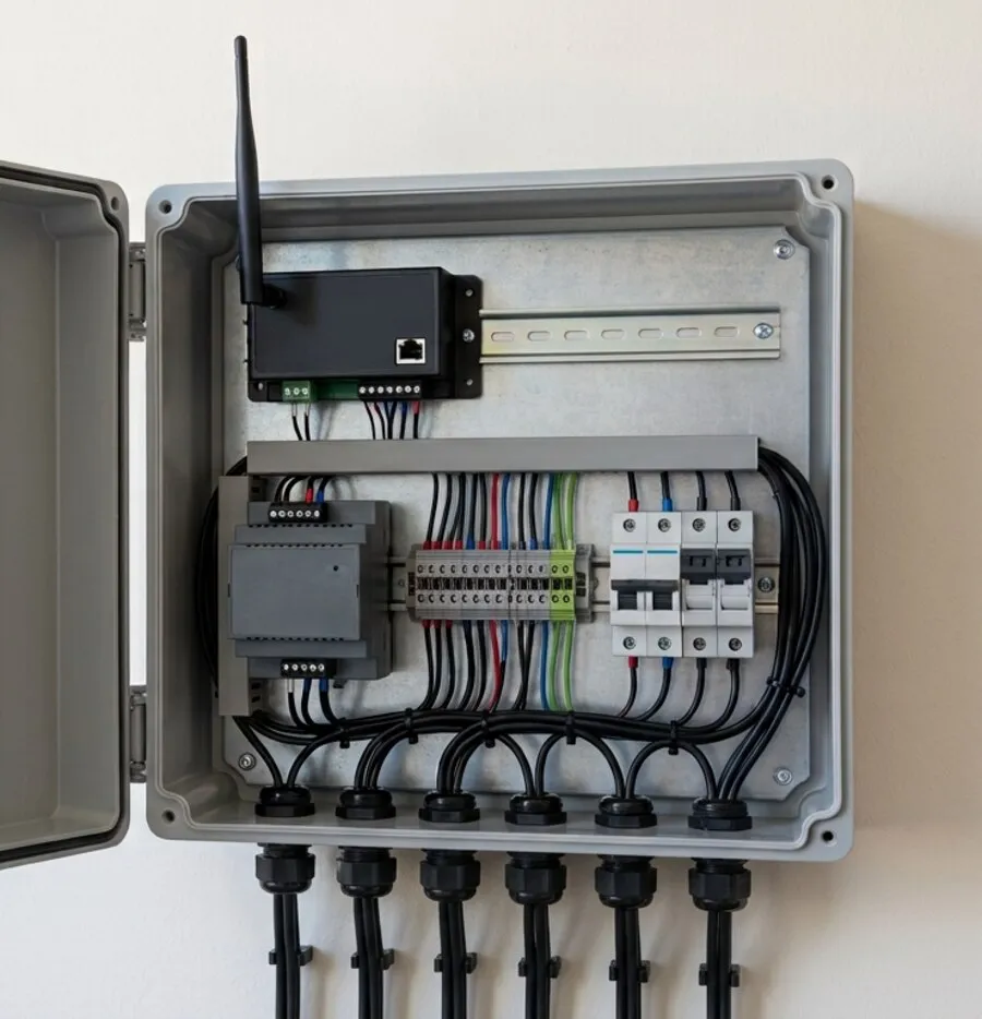 Gabinete abierto con módulo de comunicación con antena, fuente, borneras y protecciones montados sobre riel