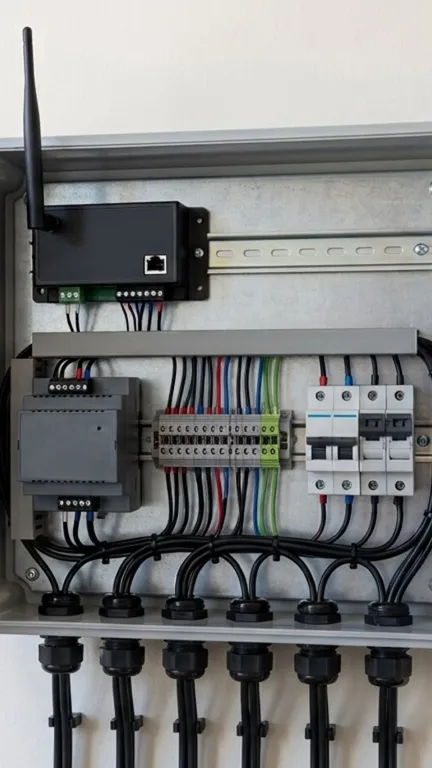 Gabinete abierto con módulo de comunicación con antena, fuente, borneras y protecciones montados sobre riel