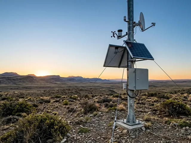Ilustración de una estación de monitoreo con panel solar y antena satelital en la meseta patagónica al atardecer
