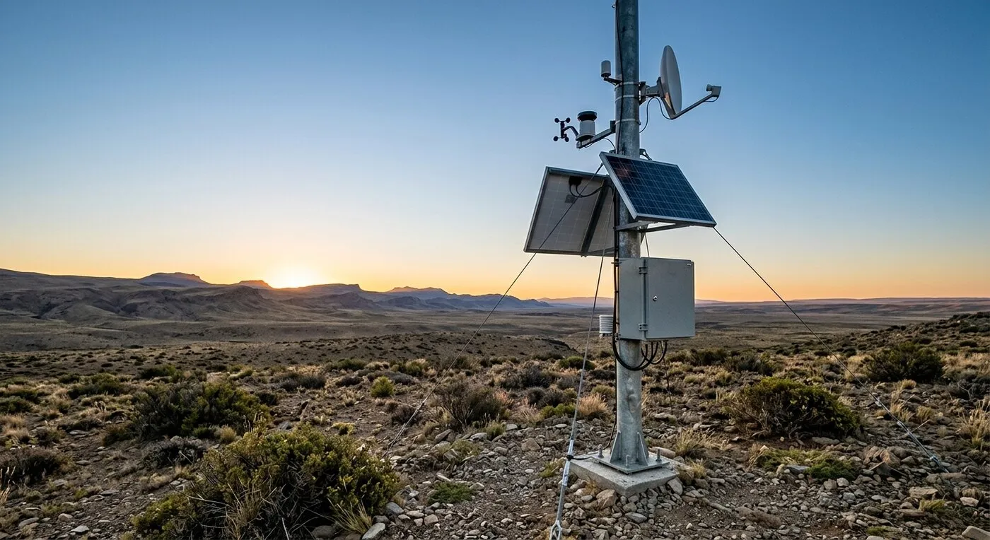 Ilustración de una estación de monitoreo con panel solar y antena satelital en la meseta patagónica al atardecer
