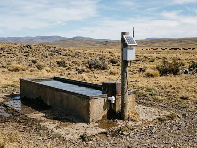 Bebedero de campo con un sensor de nivel y un pequeño gabinete solar montado en un poste