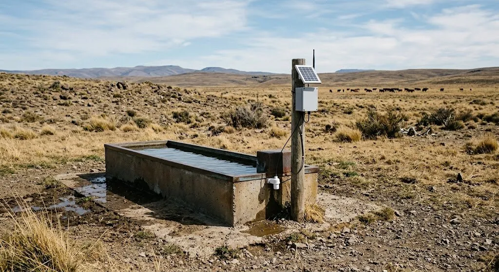 Bebedero de campo con un sensor de nivel y un pequeño gabinete solar montado en un poste