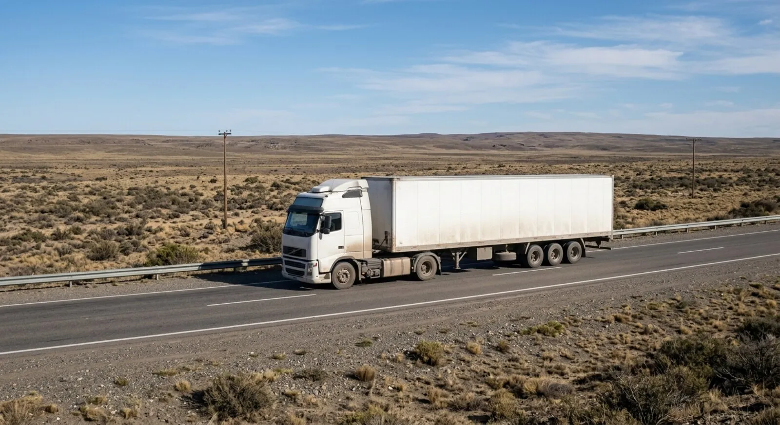 Camión de carga blanco circulando por una ruta de la meseta patagónica