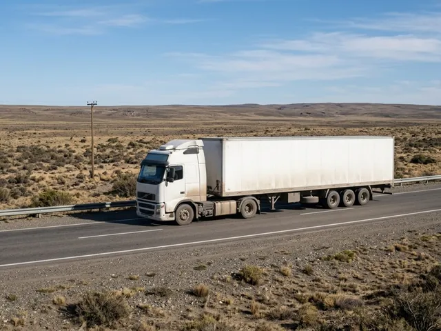 Camión de carga blanco circulando por una ruta de la meseta patagónica