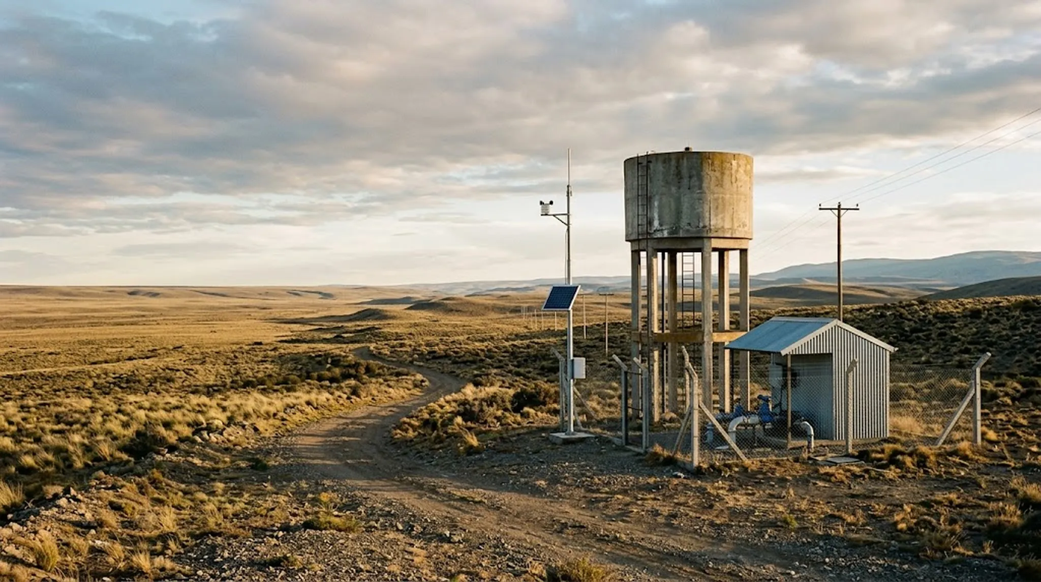 Ilustración de un tanque elevado de hormigón junto a una caseta de bombeo y una estación con panel solar sobre la estepa, con un camino de tierra y un poste de luz