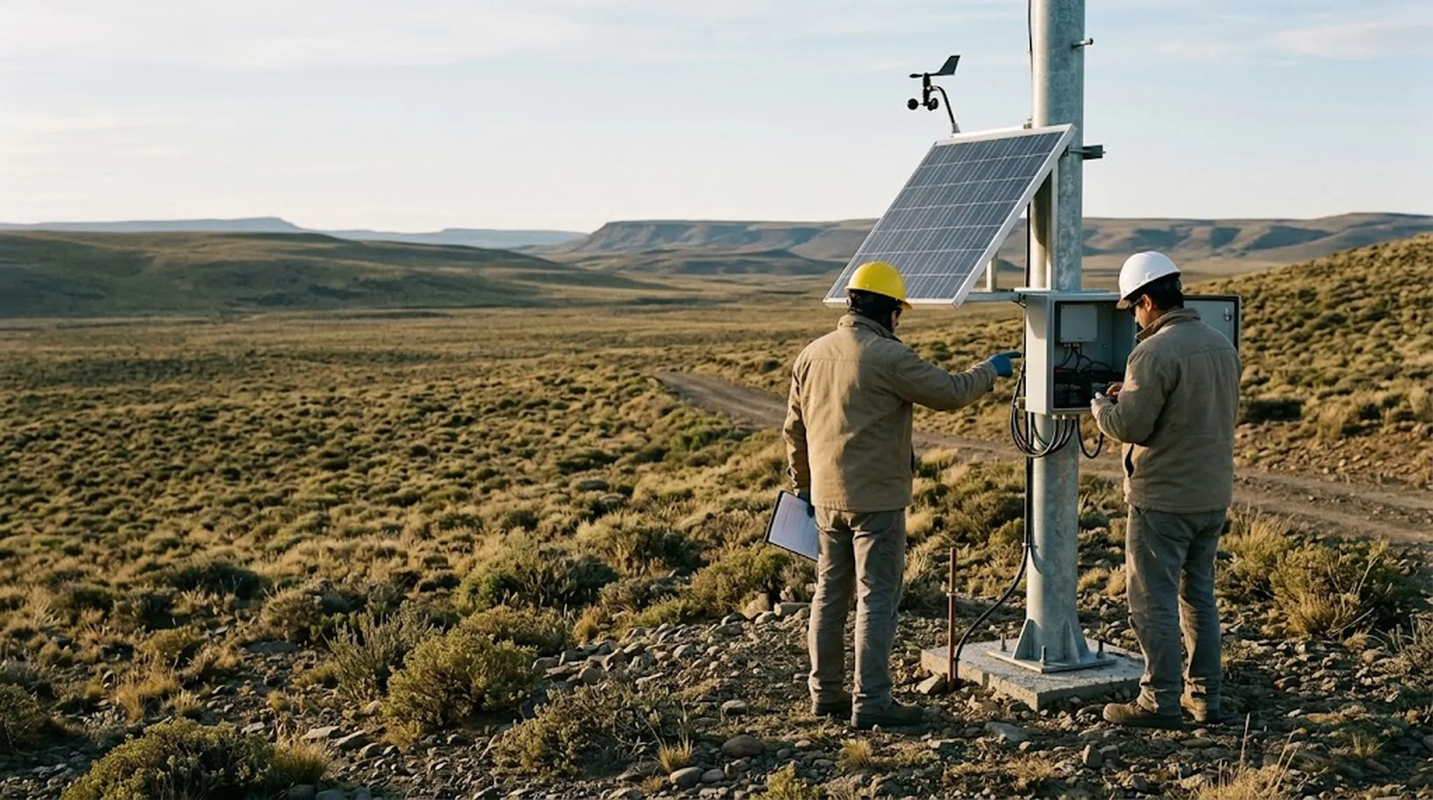 Ilustración de dos técnicos con casco trabajando en el gabinete de una estación de monitoreo montada en un mástil, con panel solar y anemómetro, en la estepa