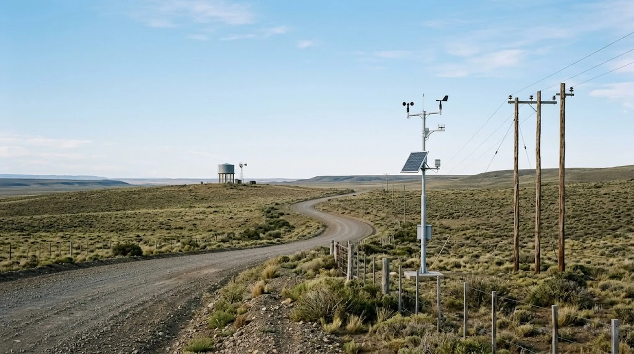 Ilustración de una estación meteorológica con panel solar junto a postes de línea eléctrica y un camino de ripio que se pierde en la estepa
