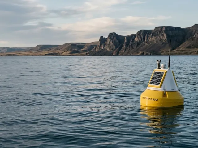 Ilustración de una boya de monitoreo amarilla flotando en aguas calmas frente a la costa patagónica