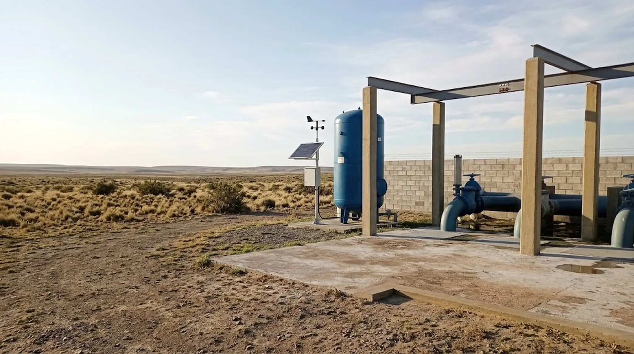 Ilustración de una planta de bombeo con tanque hidroneumático azul, válvulas y pórtico de hormigón, y una pequeña estación meteorológica junto a un camino de tierra en la estepa
