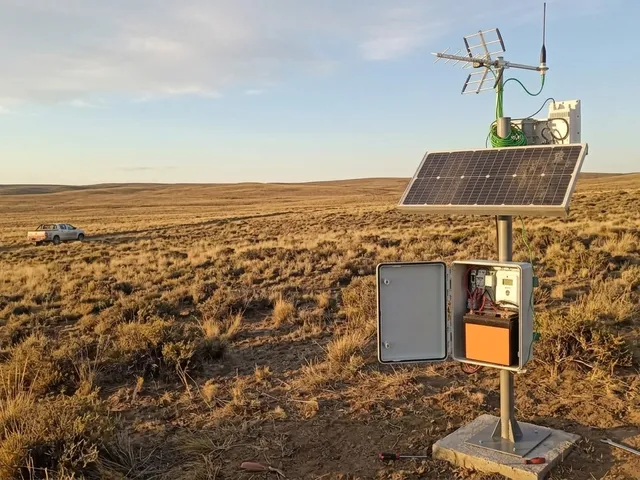 Ilustración de una estación remota con antena, panel solar y gabinete abierto con batería sobre un pedestal, en un campo abierto con una camioneta a lo lejos