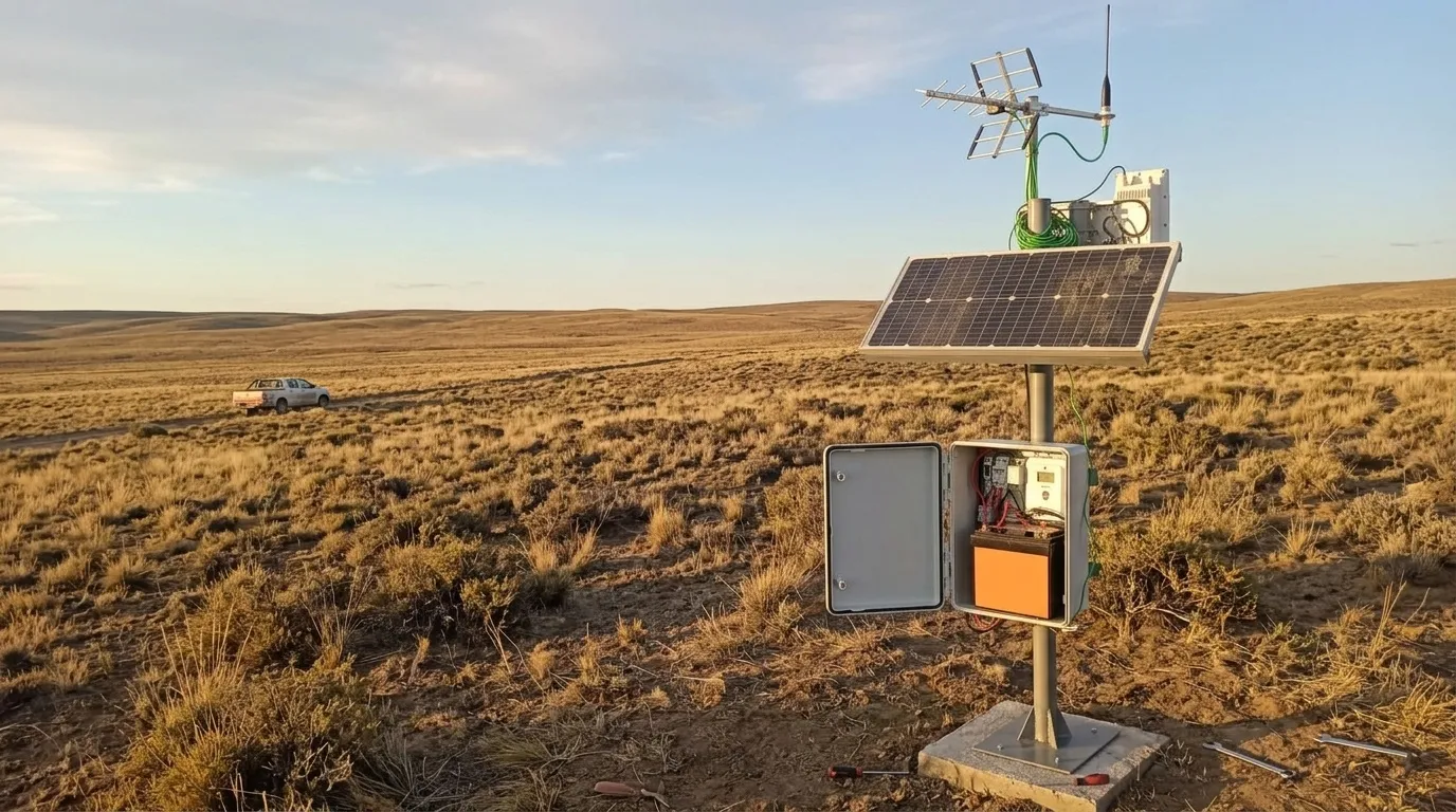 Ilustración de una estación remota con antena, panel solar y gabinete abierto con batería sobre un pedestal, en un campo abierto con una camioneta a lo lejos