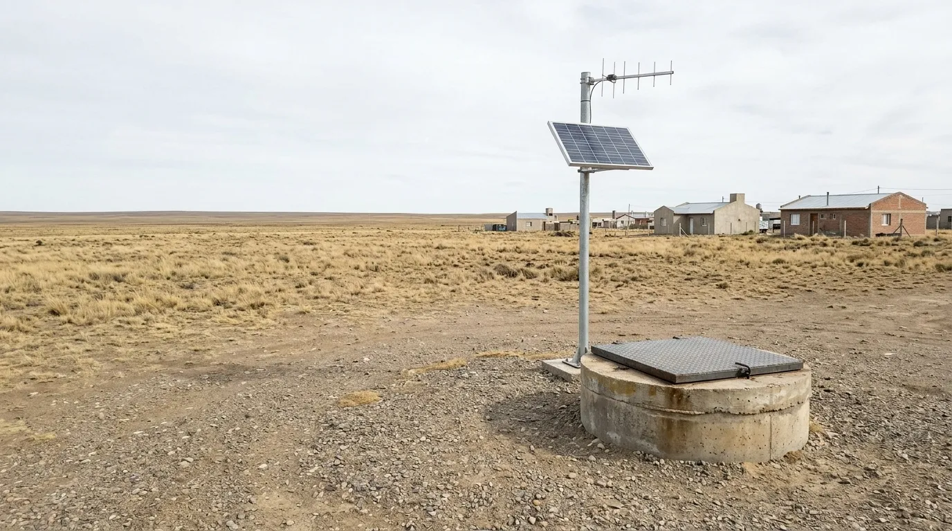 Ilustración de una cámara de hormigón con tapa metálica y un mástil con antena y panel solar, con las casas de una localidad al fondo