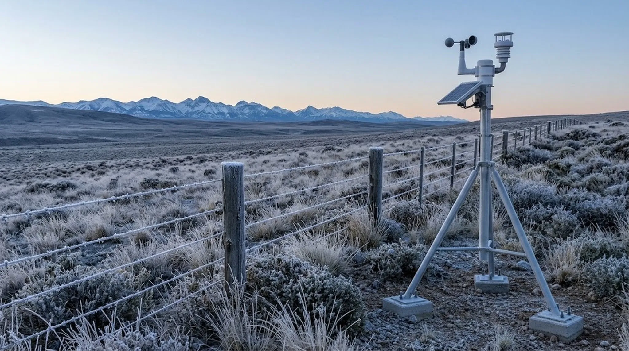 Ilustración de una estación meteorológica en trípode junto a un alambrado cubierto de escarcha, con la cordillera nevada al fondo al amanecer