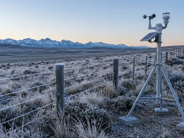 Ilustración de una estación meteorológica en trípode junto a un alambrado cubierto de escarcha, con la cordillera nevada al fondo al amanecer