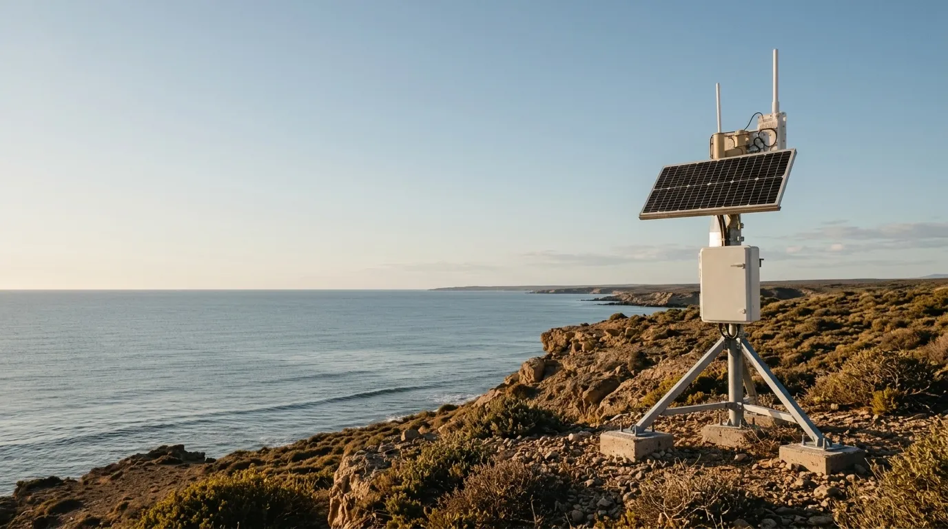 Ilustración de una estación solar de monitoreo sobre un trípode en un acantilado costero, con panel solar, gabinete y antenas frente al mar