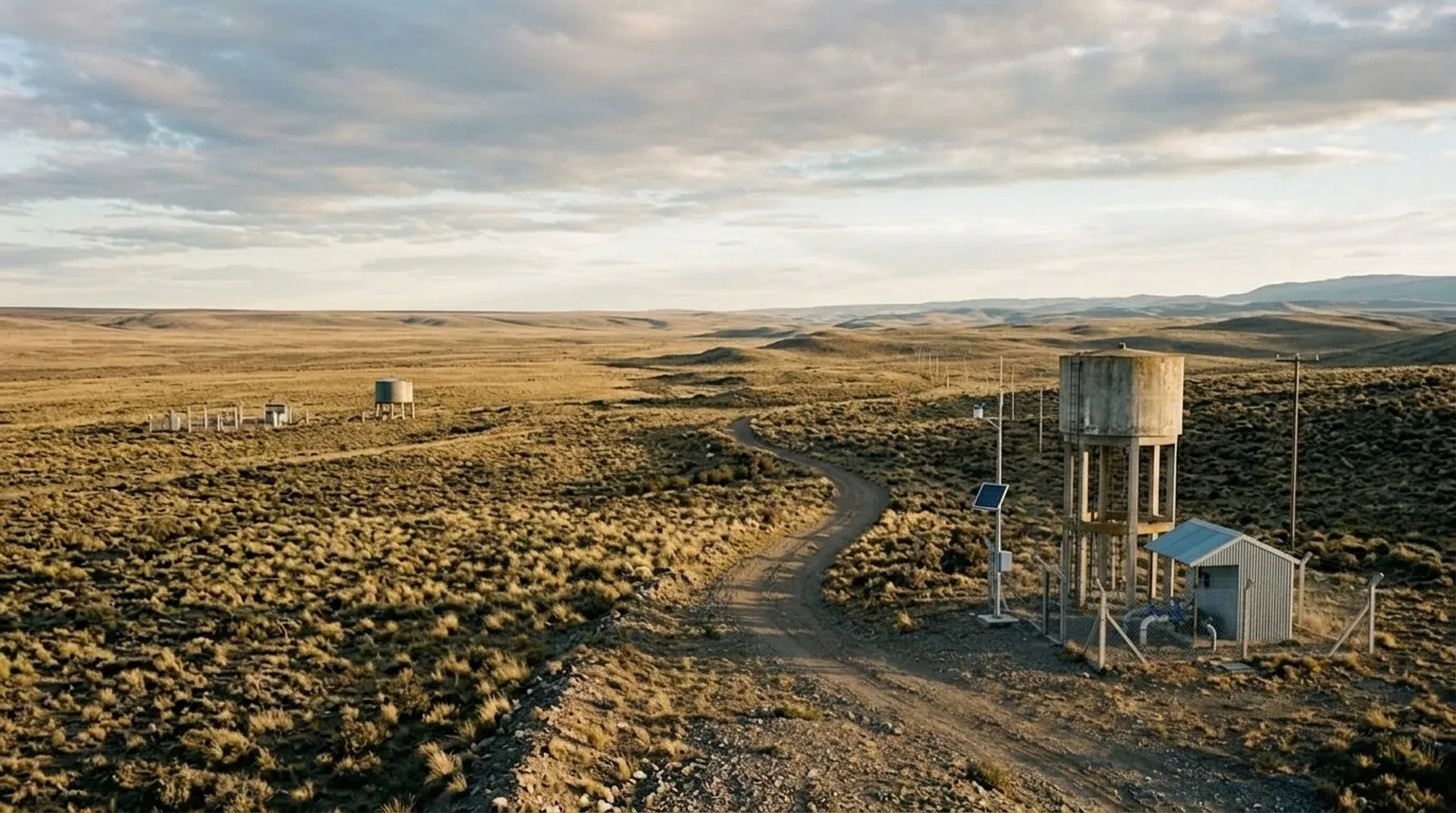 Ilustración vista desde lo alto de un camino de tierra que cruza la meseta hasta un tanque elevado con su caseta y una estación solar de monitoreo