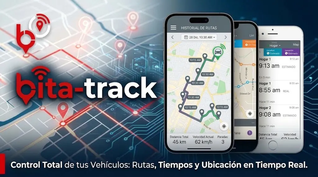 Banner de Bita Track con su logo y tres teléfonos que muestran el historial de rutas con distancia total, velocidad actual, paradas y horarios estimados y reales, junto a la frase Control total de tus vehículos: rutas, tiempos y ubicación en tiempo real