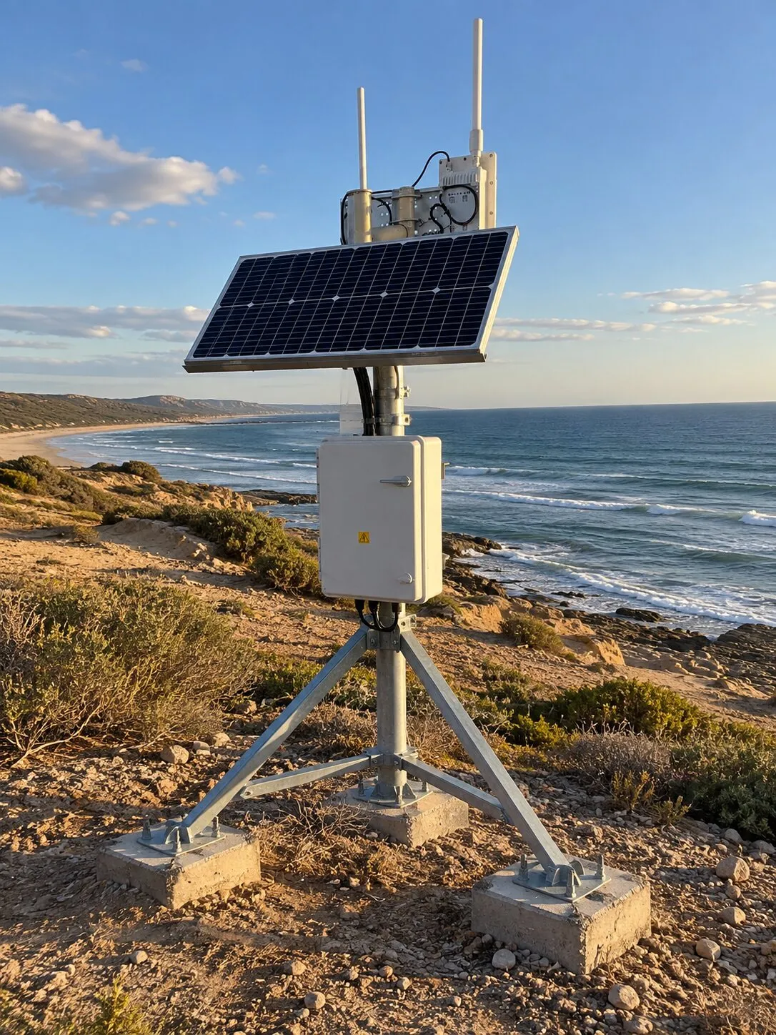 Ilustración de una estación solar de monitoreo sobre un acantilado costero, con panel solar, gabinete y antenas