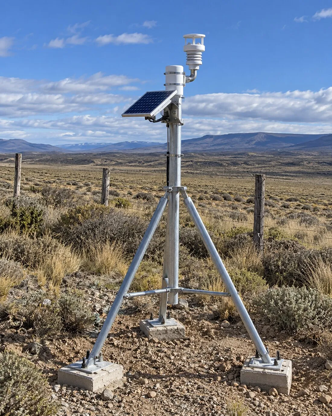 Estación meteorológica con panel solar sobre trípode de acero en la estepa patagónica